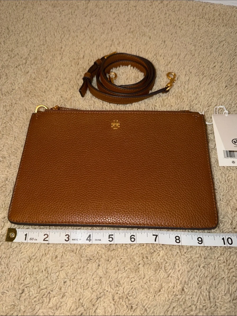 Tory Burch Blake Double Zip Slim Crossbody bag in a brown pebbled leather
